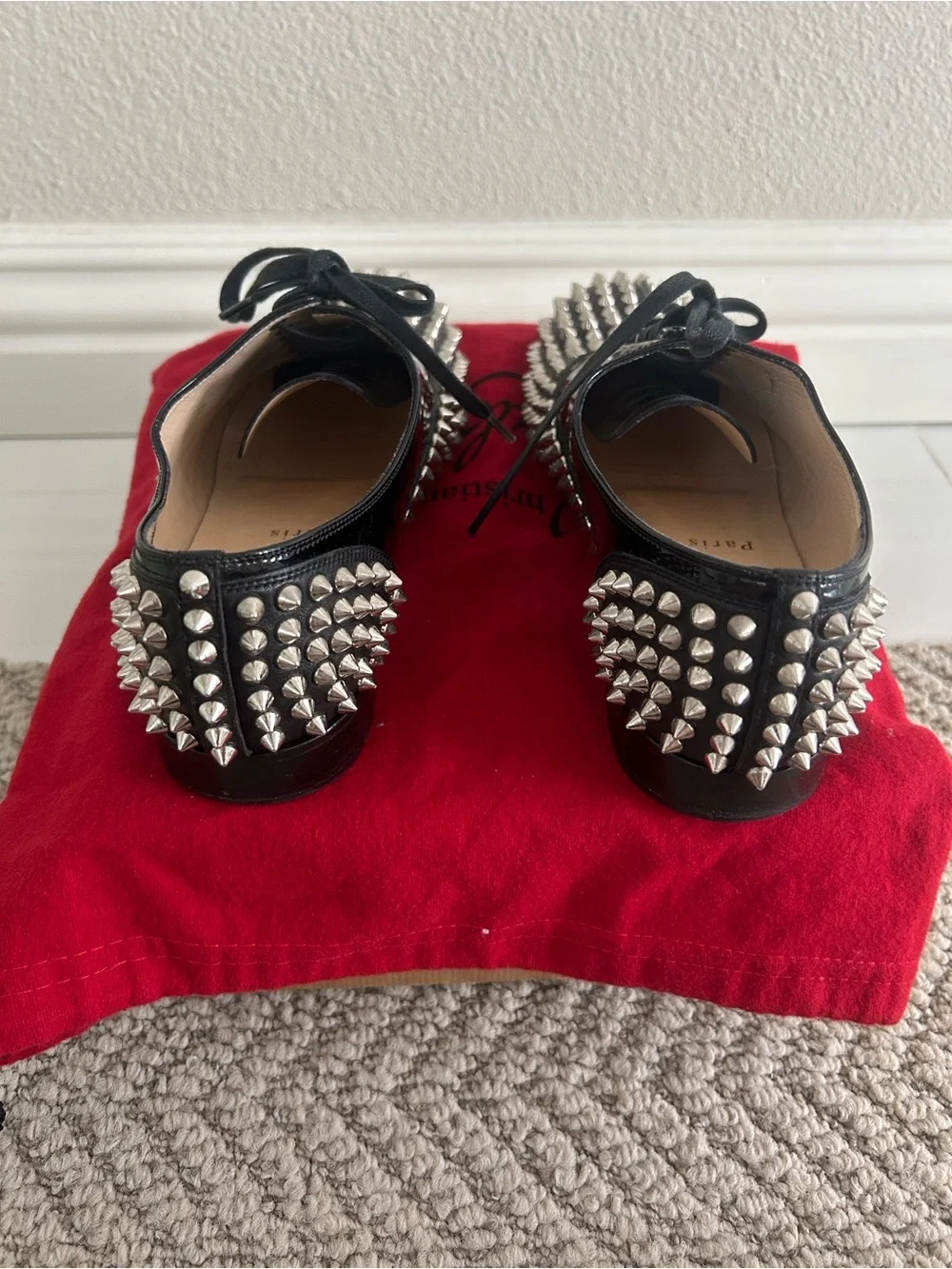 Christian Louboutin Freddy Flat Black Studded Patent Oxford Shoes